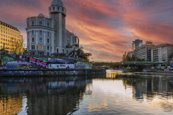 Urania Observatory and Danube Canal at sunset, Vienna, Austria