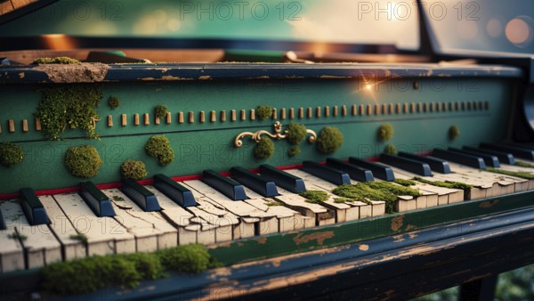 The weathered piano, adorned with green moss warm sunset backdrop. AI generated