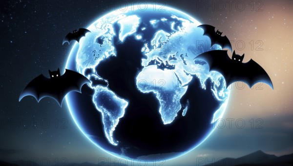 Bats flying around glowing Earth at night with a starry background. AI generated