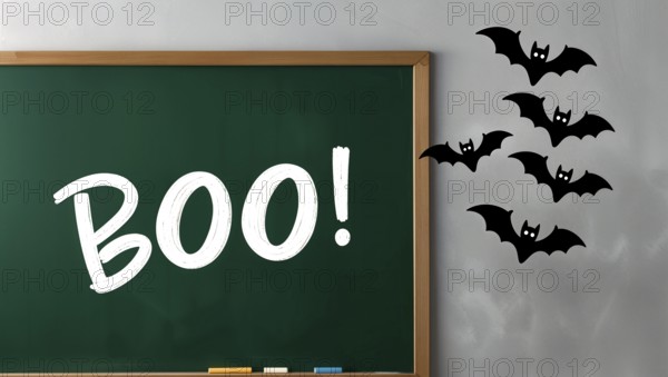A chalkboard in a classroom shows the word Boo! written in white. Black bats flying against the gray wall nearby, creating a festive Halloween atmosphere in education industry. AI generated
