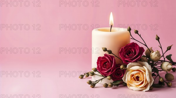 A lit white candle stands next to dried roses on a soft pink background, creating a calm and inviting atmosphere. The arrangement offers a serene touch to any space. AI generated