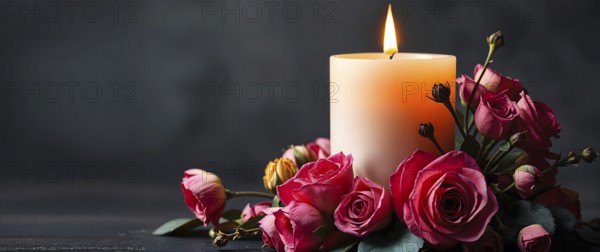 A lit candle surrounded by pink roses against a dark background, creating a romantic and serene atmosphere. AI generated