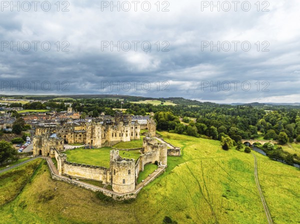 Alnwick Castle from a drone, Alnwick, Northumberland, England, United Kingdom