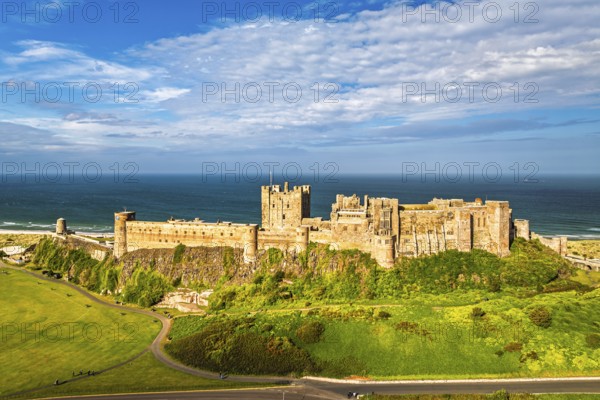 Bamburgh Castle from a drone, Northumberland, Northeast Coast, England, United Kingdom