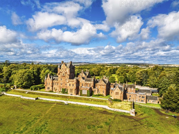 Ayton Castle from a drone, Ayton, Eyemouth, Scottish Borders, Scotland, UK
