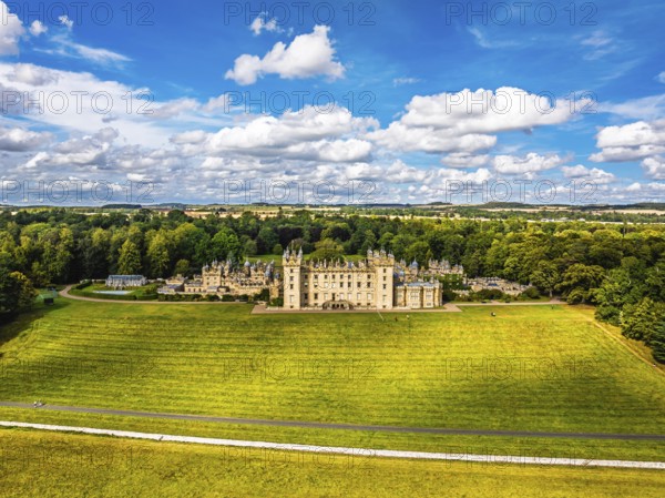 Floors Castle and garden from a drone, Duke of Roxburghe, Roxburghshire, Scotland, UK