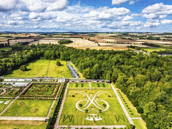 Gardens of Floors Castle from a drone, Duke of Roxburghe, Roxburghshire, Scotland, UK