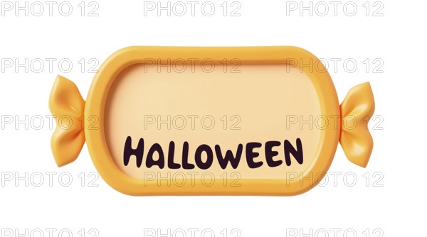 Bright orange candy shaped frame or card with the text Halloween on white background, showcasing its smooth texture and round edges. AI generated