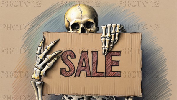 A skeleton humorously holds a cardboard sale sign against a beige background, hand-drawn sketch style. AI generated