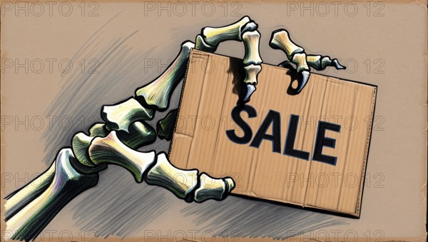 Illustration of a skeleton hand holding a cardboard sign with the word 'SALE' in bold black letters, sketch style, Halloween seasonal sale concept. AI generated