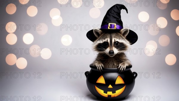 A raccoon wears a black witch hat and sits inside a pumpkin-shaped cauldron. The background is filled with soft, glowing bokeh lights, creating a festive Halloween atmosphere. AI generated