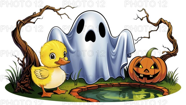 A cheerful yellow duckling stands beside a playful ghost near a carved pumpkin by a small pond, white background. The scene has the spirit of Halloween during the fall season. AI generated
