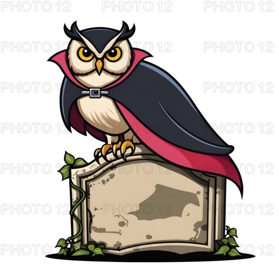 A cartoon owl wearing a black and red cape sits atop a weathered gravestone. Green ivy creep up the stone, bathed in soft moonlight, creating a mysterious atmosphere. AI generated