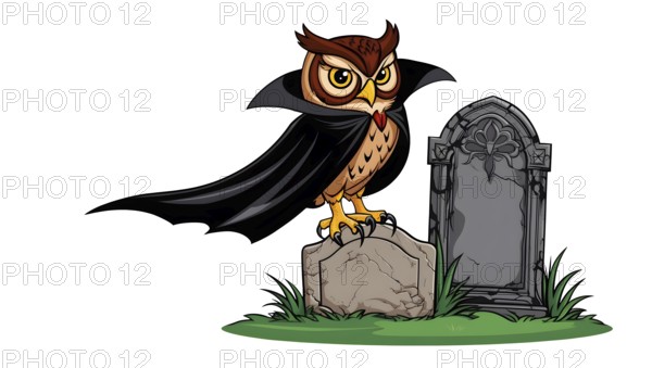 Cartoon owl wearing a black cape stands on a gravestone in a cemetery, white clean background. AI generated