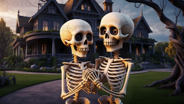 Two cheerful skeletons standing hand in hand in front of an old gothic mansion surrounded by trees at sunset. Perfect concept for Halloween real estate promotion, haunted house listing, or spooky property advertisement. AI generated