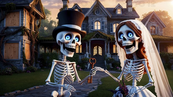 Funny skeleton bride and groom with glowing blue eyes standing in front of a spooky old house at sunset, holding a key in their hands. Concept for Halloween real estate, haunted home sale, or spooky property advertisement. AI generated