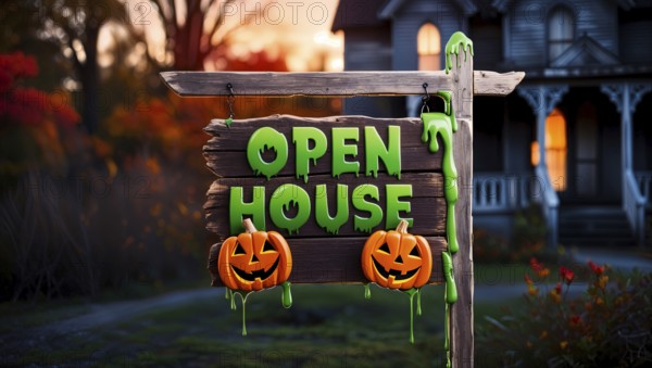 Colorful open house sign with green letters hangs above two jack-o'-lanterns in a vibrant fall setting. A spooky house and garden with colorful autumn trees in the background during sunset. AI generated