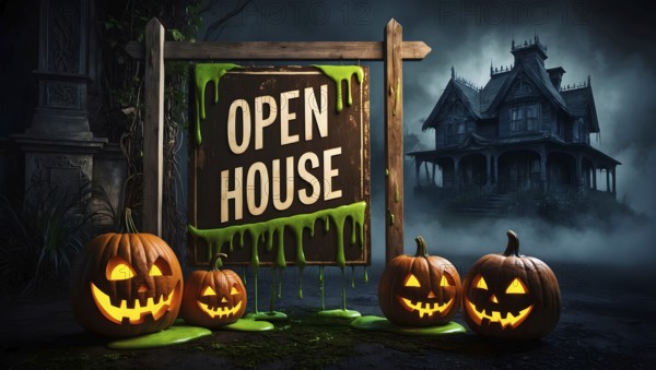 A haunted house is set up outside an old mansion with an open house sign. Brightly carved pumpkins shine in the darkness, inviting visitors to explore the spooky atmosphere, a real estate Halloween concept. AI generated