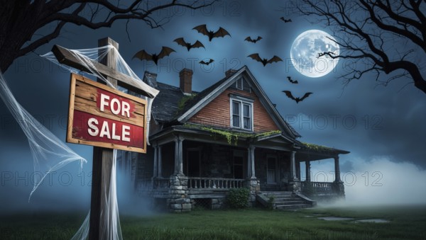 A haunting house and a sign for sale in a misty landscape, illuminated by a full moon. Bats fly overhead, and cobwebs adorn the porch, adding to its eerie charm. AI generated