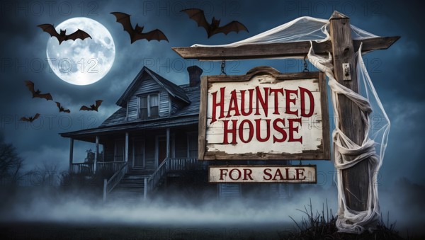 An eerie scene shows a haunted house for sale illuminated by the light of a full moon. Bats fly in the dark sky as fog surrounds the unsettling property, enhancing its spooky charm. AI generated