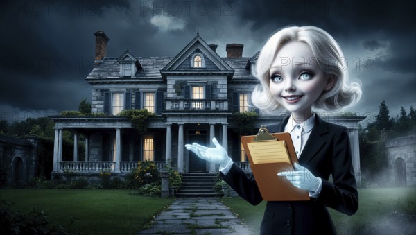 Under a dark sky, a ghostly woman realtor stands in front of a grand haunted mansion on Halloween night, holding a worn clipboard. She gestures invitingly, blending the eerie and enchanting. AI generated