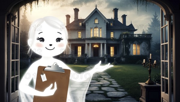 A ghostly realtor stands at the entrance of a grand haunted mansion, holding a metallic clipboard. The evening Halloween atmosphere adds an eerie charm to the scene as she gestures invitingly. AI generated