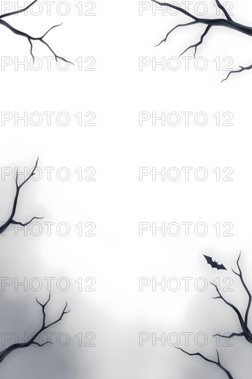 Silhouetted bare branches frame a foggy background with a lone bat, creating an eerie, gothic atmosphere. AI generated