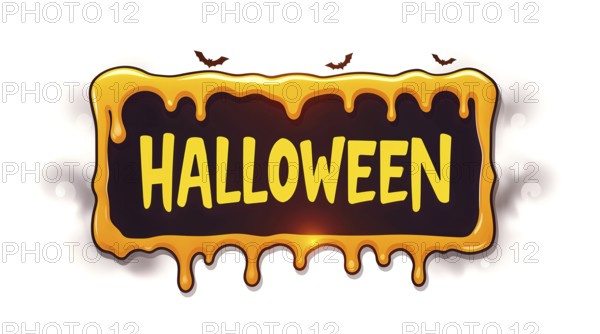 A colorful Halloween sign showcases the word Halloween in bright yellow letters on a dark background. It has a dripping orange paint effect and small bats flying above, creating a festive atmosphere. AI generated