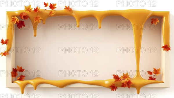 Fall themed frame with dripping honey and autumn leaves for festive decoration. AI generated
