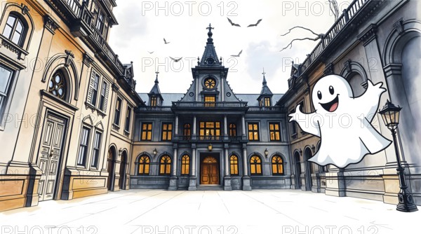 A captivating watercolor scene showcases intricate architecture with a cheerful cartoon ghost playfully floating in the corner. The Halloween atmosphere is enhanced by birds and warm glowing windows. AI generated