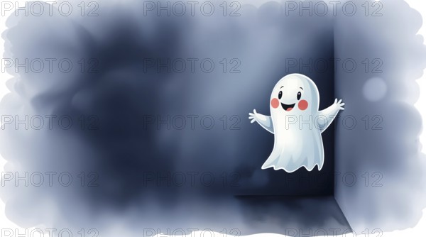 A cheerful cartoon ghost stands in the corner of an abstract room, surrounded by soft paint washes. The scene offers a whimsical vibe with plenty of space for creativity. AI generated