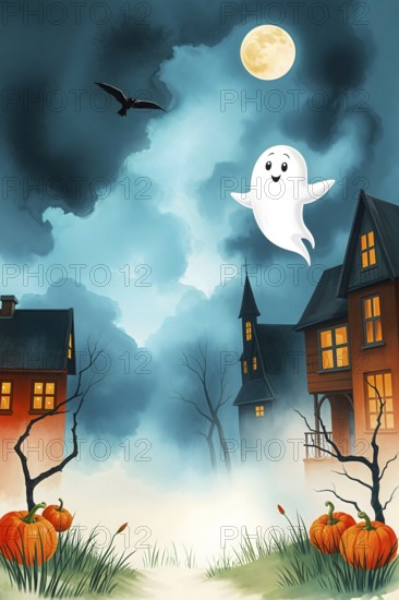 A cheerful cartoon ghost floats peacefully above spooky houses, surrounded by colorful pumpkins and stormy skies. This Halloween scene captures the festive spirit of autumn nights. AI generated
