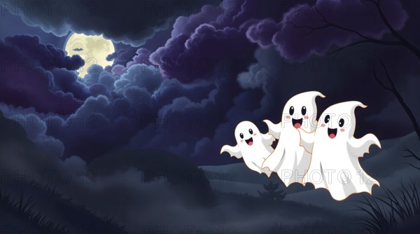 Three cheerful cartoon ghosts joyfully float through a dark and stormy sky on Halloween night. Whimsical clouds add to the spooky atmosphere, offering an inviting feeling for trick-or-treaters. AI generated