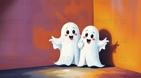 Two cartoon ghosts smile and gesture in a colorful room with orange and purple walls, watercolor painting style. AI generated