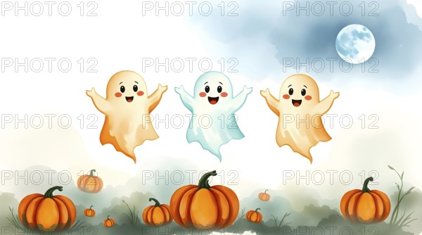 In a serene, foggy field, three happy cartoon ghosts dance joyfully. They float above glowing pumpkins, illuminated by a soft blue moon in the night sky. AI generated