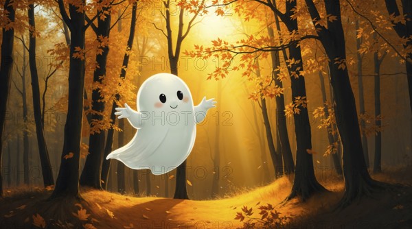 A cute white ghost joyfully floats in a serene autumn forest. Golden leaves are falling all around, illuminated by warm morning sunlight filtering through the trees. AI generated