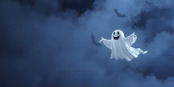 A friendly ghost floats joyfully among eerie, dark clouds. Bats fly in the background, creating a spooky yet playful atmosphere typical of Halloween night. AI generated