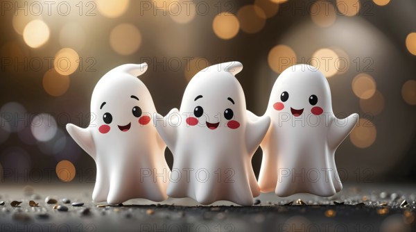 Three cheerful cartoon ghosts stand together, smiling brightly. Set against a gentle bokeh background, they create a playful, whimsical scene perfect for kids. AI generated