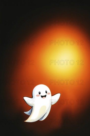 A cheerful cartoon ghost floats against a deep black background illuminated by warm light. This friendly spirit brings a joyful touch to the dark, perfect for Halloween or whimsical themes. AI generated