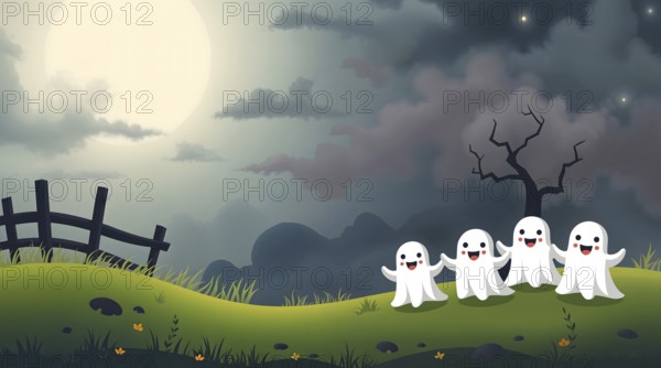 Cartoon ghosts joyfully dance in a field at night, surrounded by a wooden fence and a stormy sky. The scene features a large moon and plenty of empty space for creativity. AI generated