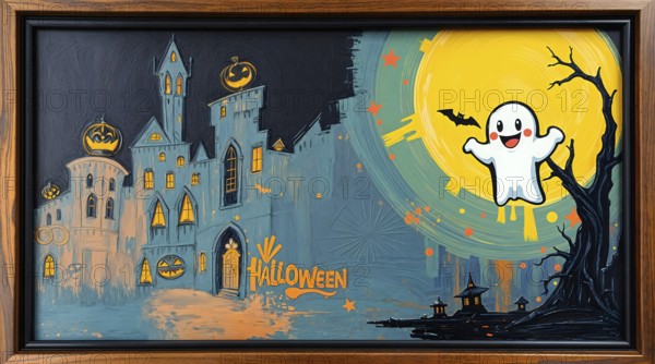 An abstract cityscape featuring eerie buildings, a playful ghost, and a bare tree set against a bright full moon. This painting captures the essence of Halloween with vivid colors. AI generated