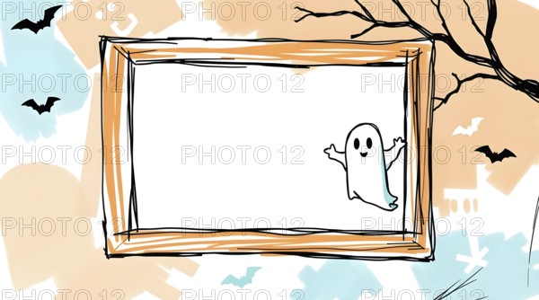 Doodle of a cartoon ghost in frame with white clean background, surrounded by bats, tree, terracotta and teal colors, hand-drawn sketch style. AI generated