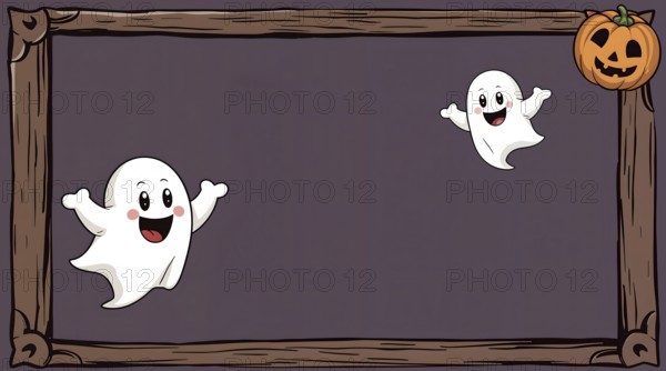 Cartoon ghosts in a wooden frame with a Halloween pumpkin on a dark purple background, conveying a playful and festive atmosphere. AI generated