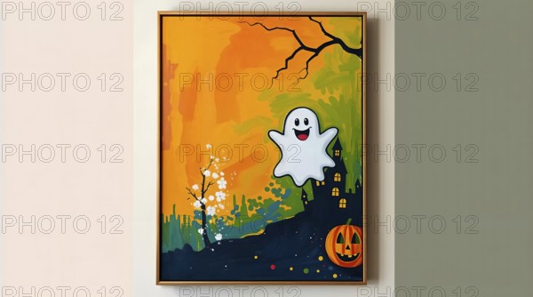 Hanging on a wall picture of a cheerful ghost in front of a dark castle under a vibrant orange sunset. Nearby, a bright pumpkin adds to the Halloween spirit among tree silhouettes. AI generated