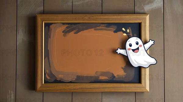 A playful white ghost smiles while presenting an empty painting in a wooden frame. The Halloween themed background adds a festive touch, perfect for seasonal decor. AI generated