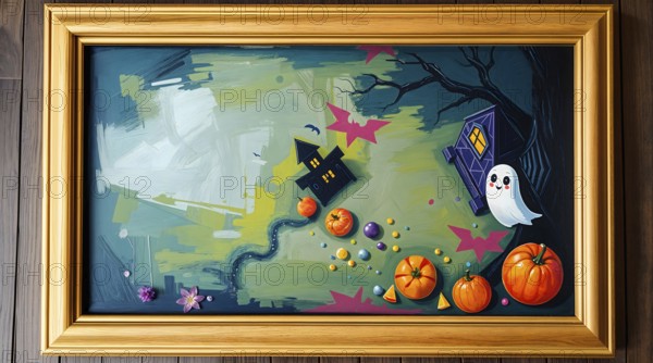 A picture with a painted lively abstract Halloween scene features a friendly ghost beside colorful pumpkins, a haunted house, and bats flying in the night sky. Bright colors create a playful atmosphere. AI generated
