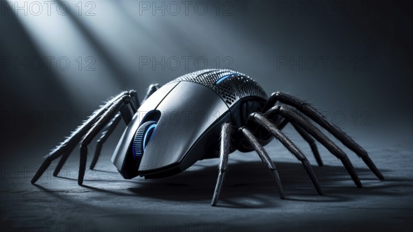 Computer mouse mechanical spider with a sleek design at night, reflecting a blend of modern technology and artistic Halloween design. AI generated