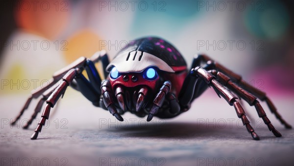 Futuristic robotic spider with glowing blue eyes against a colorful bokeh backdrop. AI generated