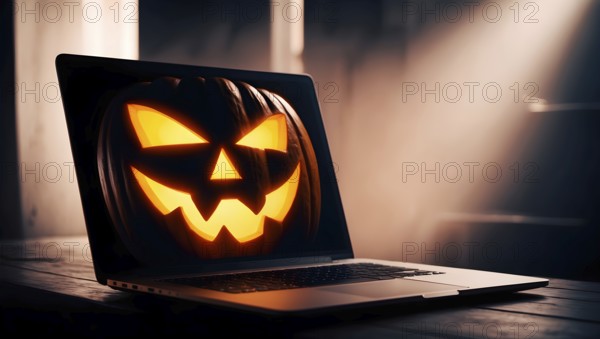 A glowing Halloween pumpkin with a spooky face is shown on a laptop screen. The warm light creates an autumn night festive atmosphere in a cozy indoor setting. AI generated