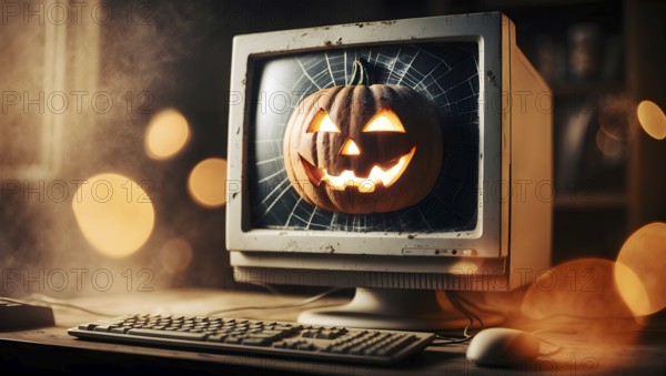 A carved pumpkin with a smiling face on a vintage computer screen. Soft lights and cobwebs create a spooky atmosphere. Perfect for Halloween-themed decoration and mood. AI generated